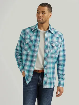 Men's Wrangler Turq/Blue Plaid Long Sleeve Snap Shirt