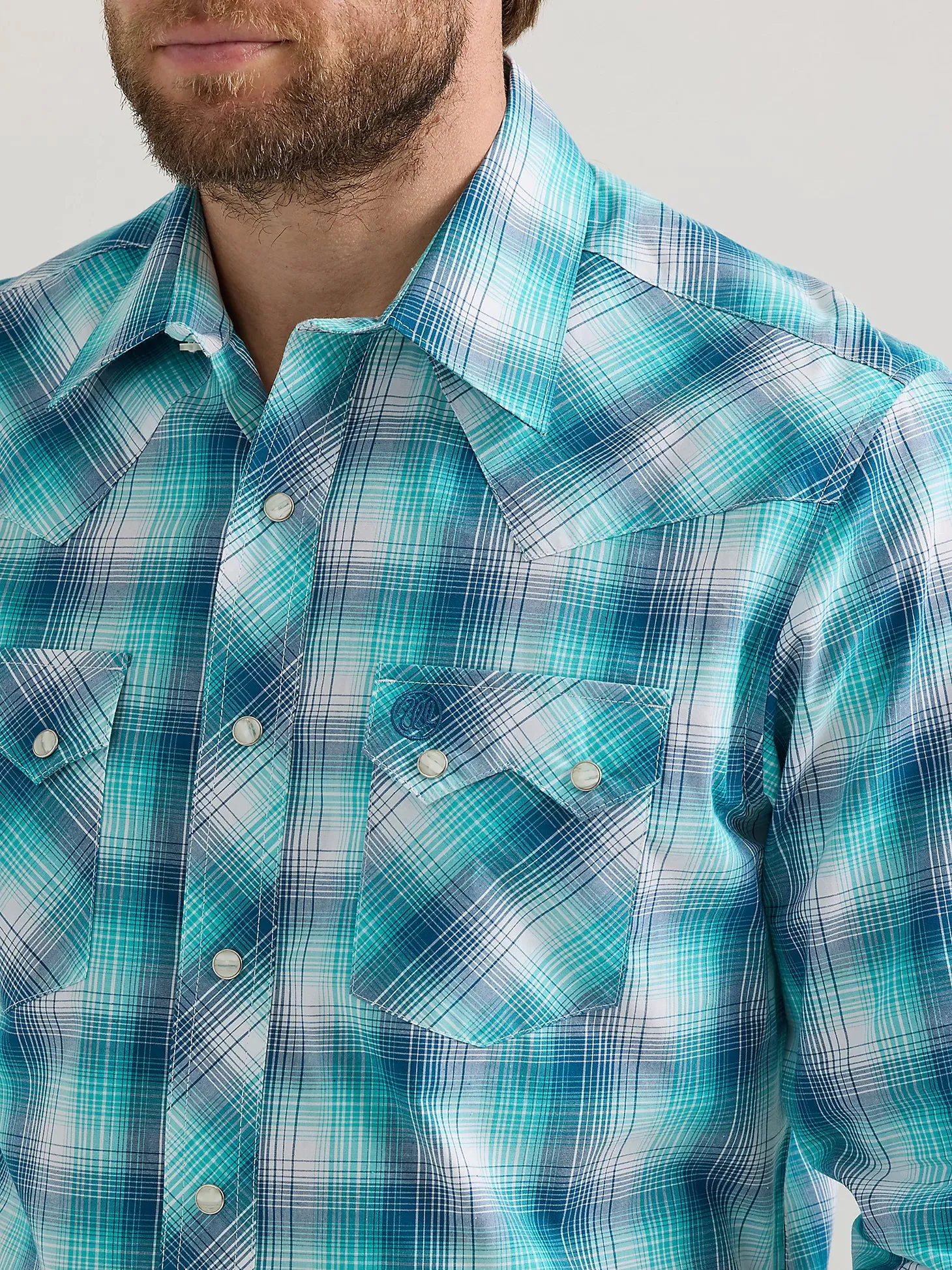 Men's Wrangler Turq/Blue Plaid Long Sleeve Snap Shirt