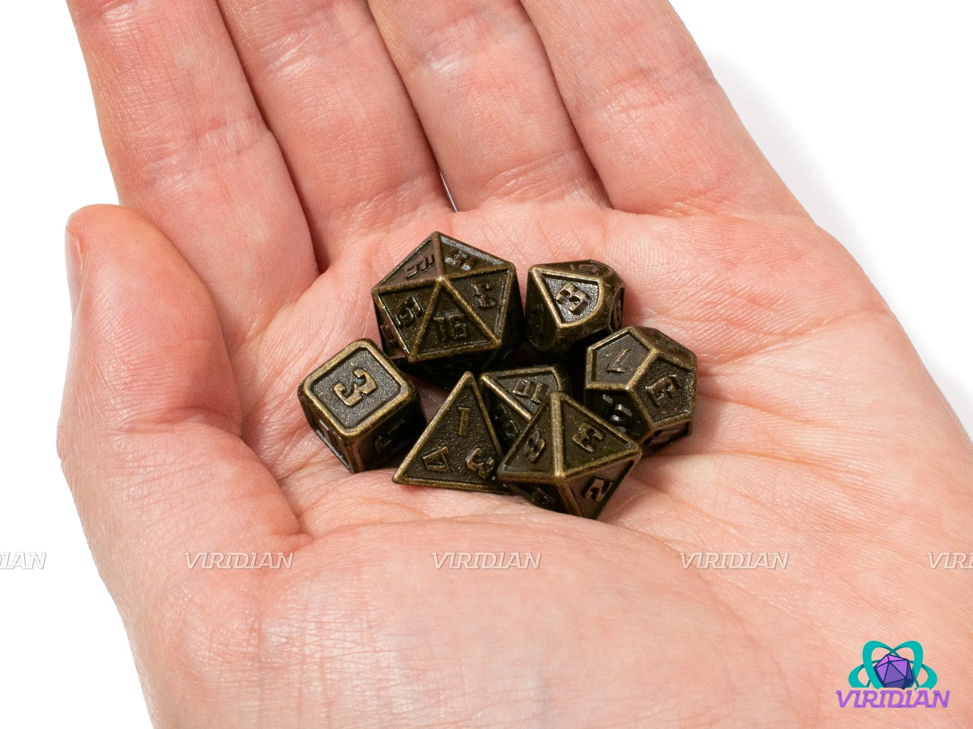 Mini Plated Gold (Distressed) | Ancient/Aged Tarnished Gold w Brown | Metal Dice Set (7)