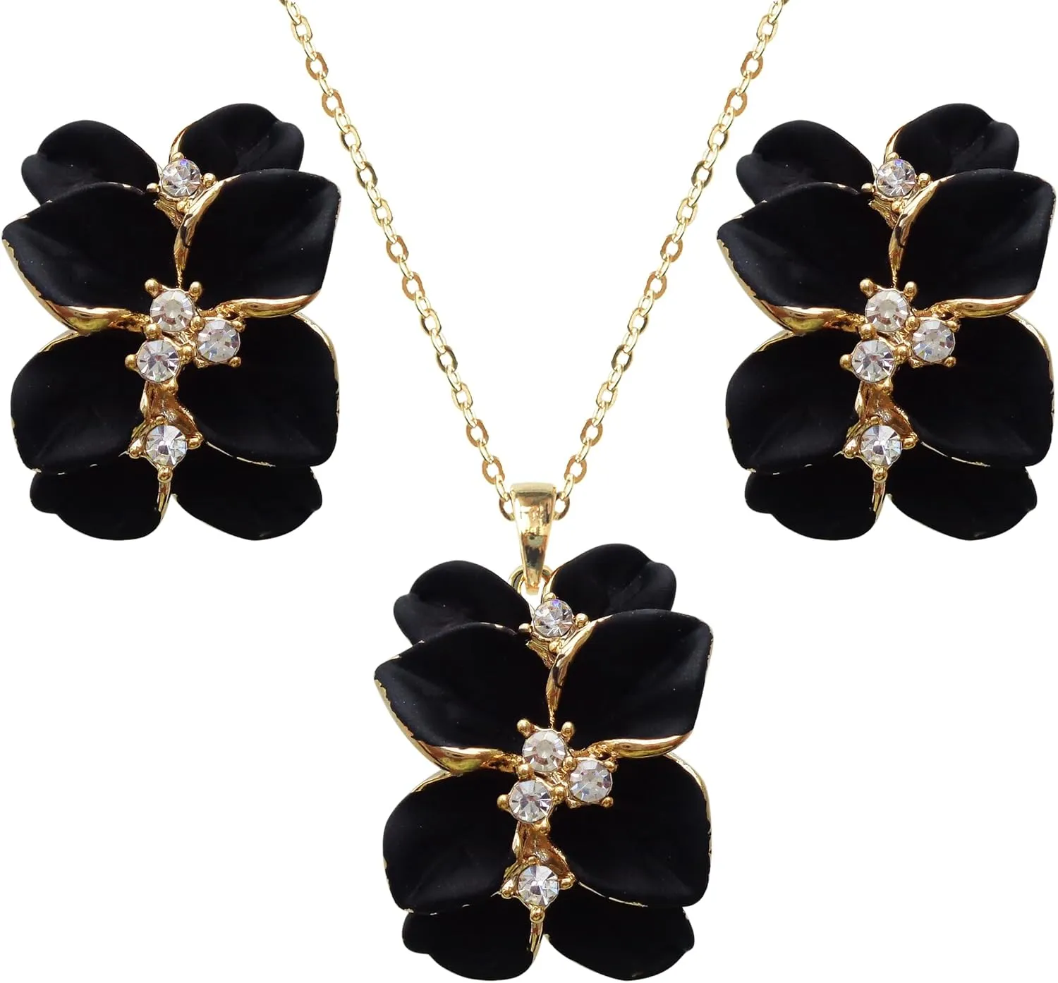 Navachi 18k Gold Plated White Crystal Multicolor Enamel Clip-on Stud Earrings And Neckalce Pendant Jewelry set