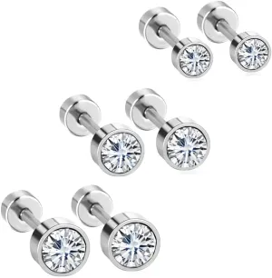 NewZenro 18G Round CZ Clear Cubic Zirconia Cartilage Small Stud Earrings for Men Women Barbell Tragus Helix Screw Sleeper Surgical Steel Flat Back Piercing Studs Hypoallergenic 3 Pairs 3-5mm