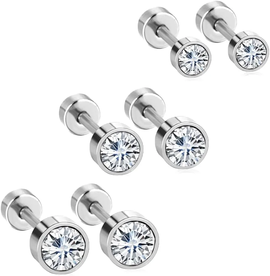 NewZenro 18G Round CZ Clear Cubic Zirconia Cartilage Small Stud Earrings for Men Women Barbell Tragus Helix Screw Sleeper Surgical Steel Flat Back Piercing Studs Hypoallergenic 3 Pairs 3-5mm