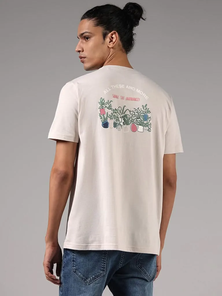 Nuon Beige Typographic Printed Cotton Slim-Fit T-Shirt