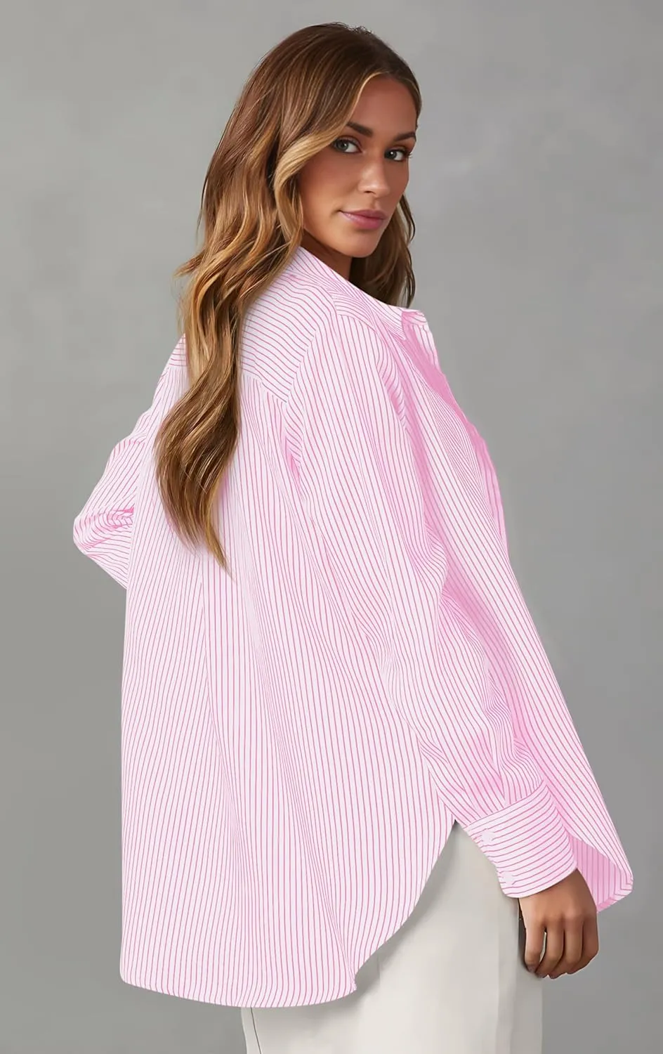 OMSJ Womens Striped Button Down Shirts Casual Long Sleeve Stylish Collared Office Work Blouses Tops
