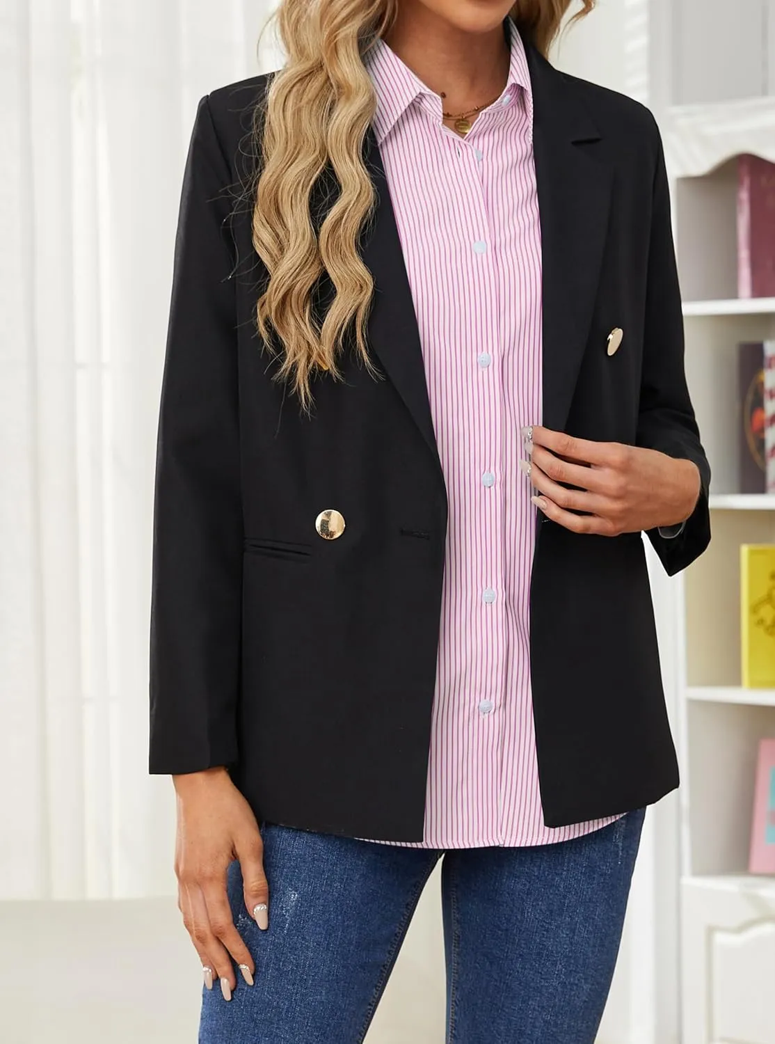 OMSJ Womens Striped Button Down Shirts Casual Long Sleeve Stylish Collared Office Work Blouses Tops