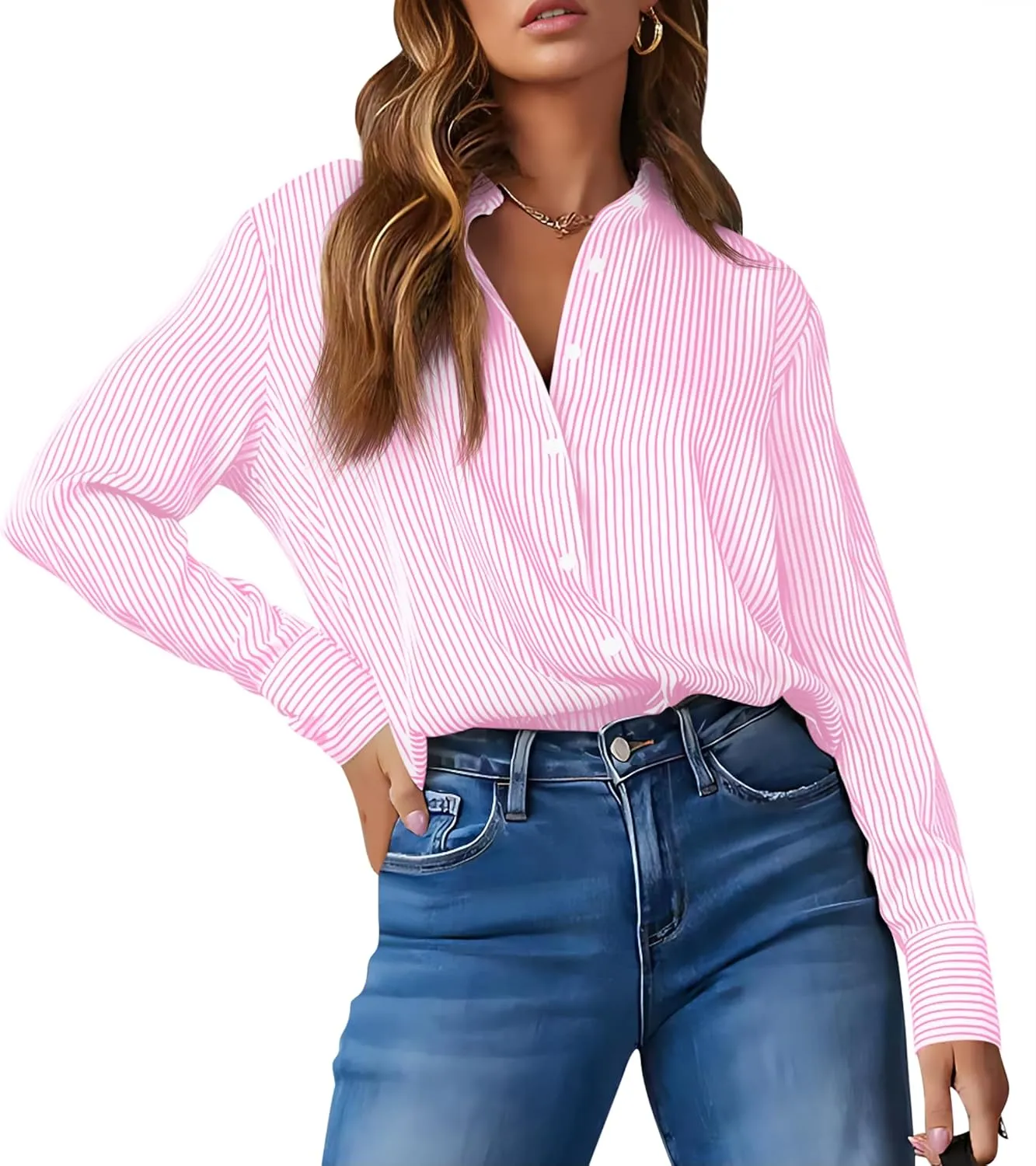 OMSJ Womens Striped Button Down Shirts Casual Long Sleeve Stylish Collared Office Work Blouses Tops