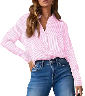 OMSJ Womens Striped Button Down Shirts Casual Long Sleeve Stylish Collared Office Work Blouses Tops
