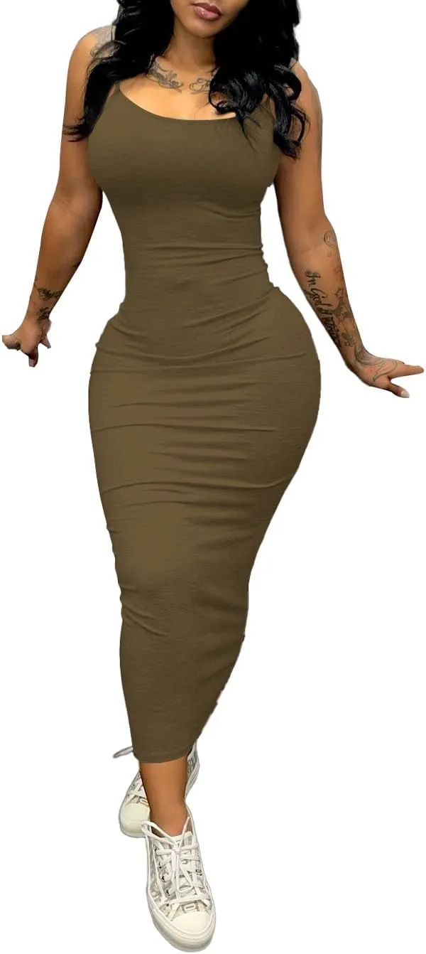 PINSV Women's Bodycon Long Slip Dress Spaghetti Strap Summer Maxi Dress Modern Casual Sundress