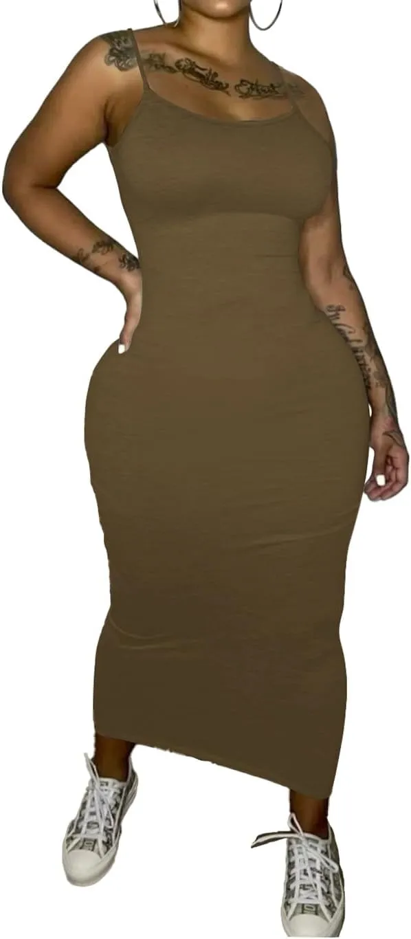PINSV Women's Bodycon Long Slip Dress Spaghetti Strap Summer Maxi Dress Modern Casual Sundress