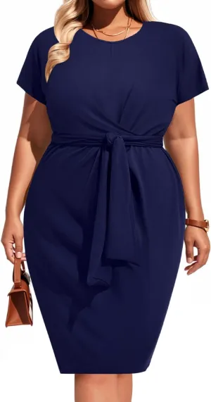 Pinup Fashion Plus Size Dresses for Women Wedding Guest Short Sleeve Tie Front Waist Belted Pencil Work Knee Dress