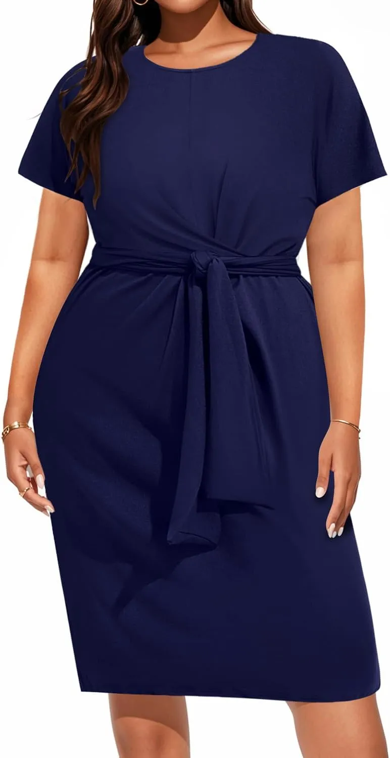 Pinup Fashion Plus Size Dresses for Women Wedding Guest Short Sleeve Tie Front Waist Belted Pencil Work Knee Dress