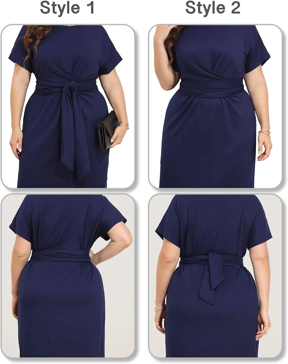Pinup Fashion Plus Size Dresses for Women Wedding Guest Short Sleeve Tie Front Waist Belted Pencil Work Knee Dress