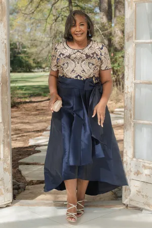 Plus Size Short Sleeve Navy Gold Sequin-Embellished High-Low Gown- Mother of The Bride Dress