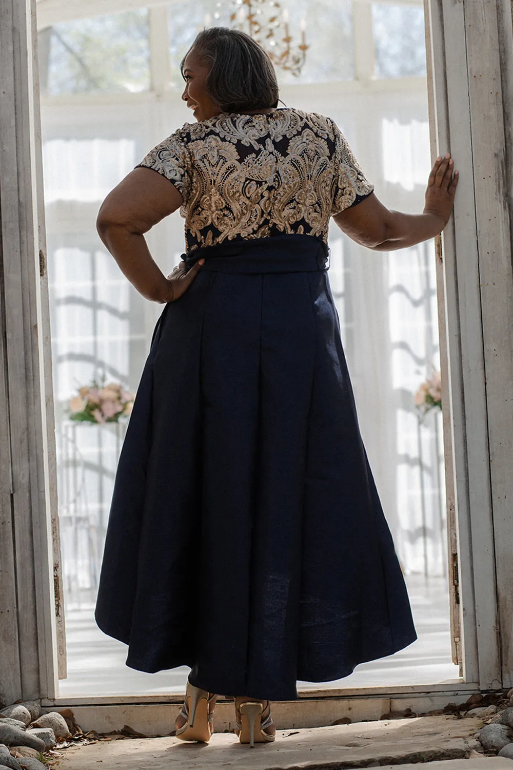 Plus Size Short Sleeve Navy Gold Sequin-Embellished High-Low Gown- Mother of The Bride Dress