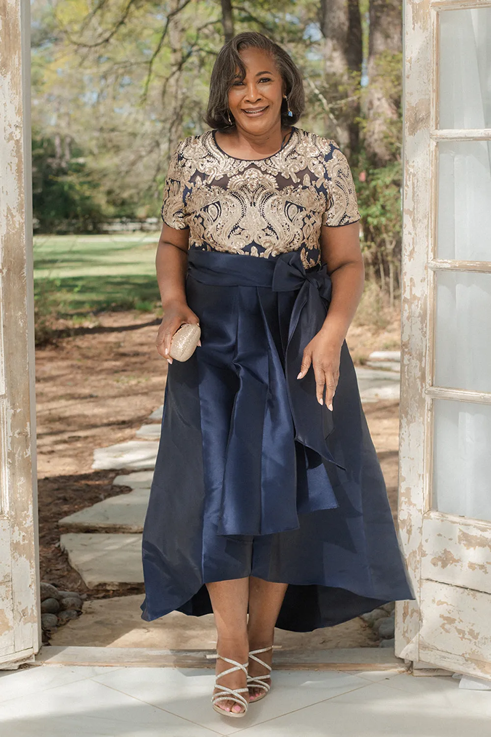 Plus Size Short Sleeve Navy Gold Sequin-Embellished High-Low Gown- Mother of The Bride Dress