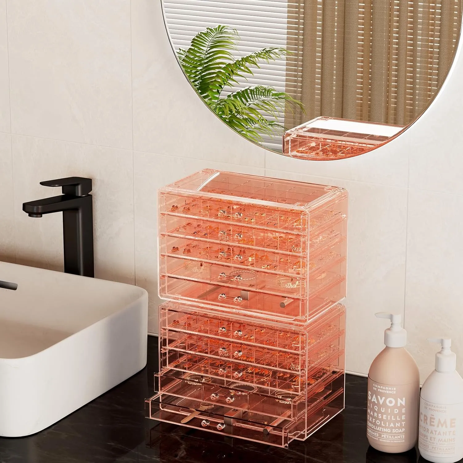 ProCase Acrylic Earrings Holder Organizer Box, Large Clear Earring Jewelry Storage Organizer Box Transparent Stackable Drawers Jewelry Display for Earrings Necklace Bracelets Rings - 10 Layers, Pink