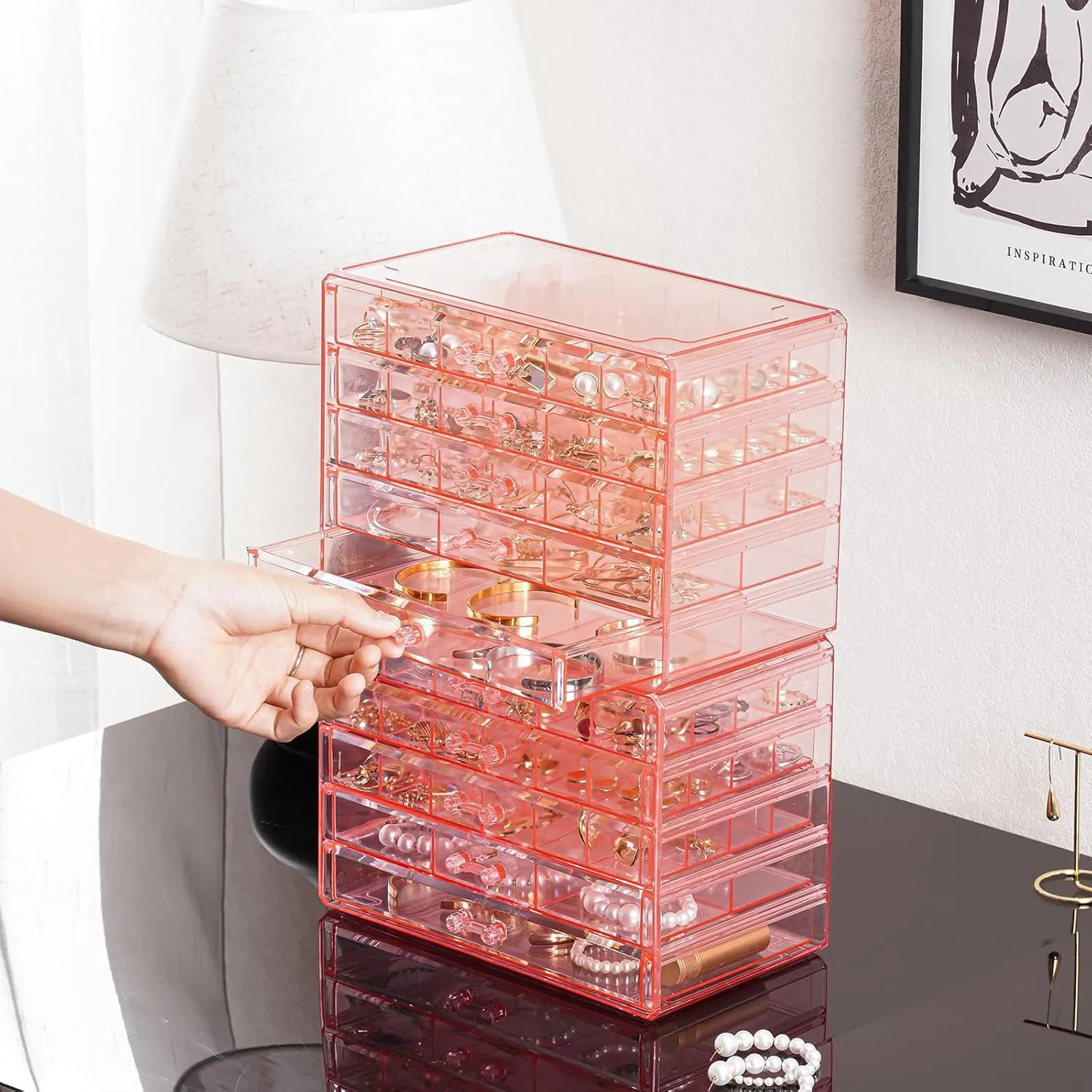 ProCase Acrylic Earrings Holder Organizer Box, Large Clear Earring Jewelry Storage Organizer Box Transparent Stackable Drawers Jewelry Display for Earrings Necklace Bracelets Rings - 10 Layers, Pink