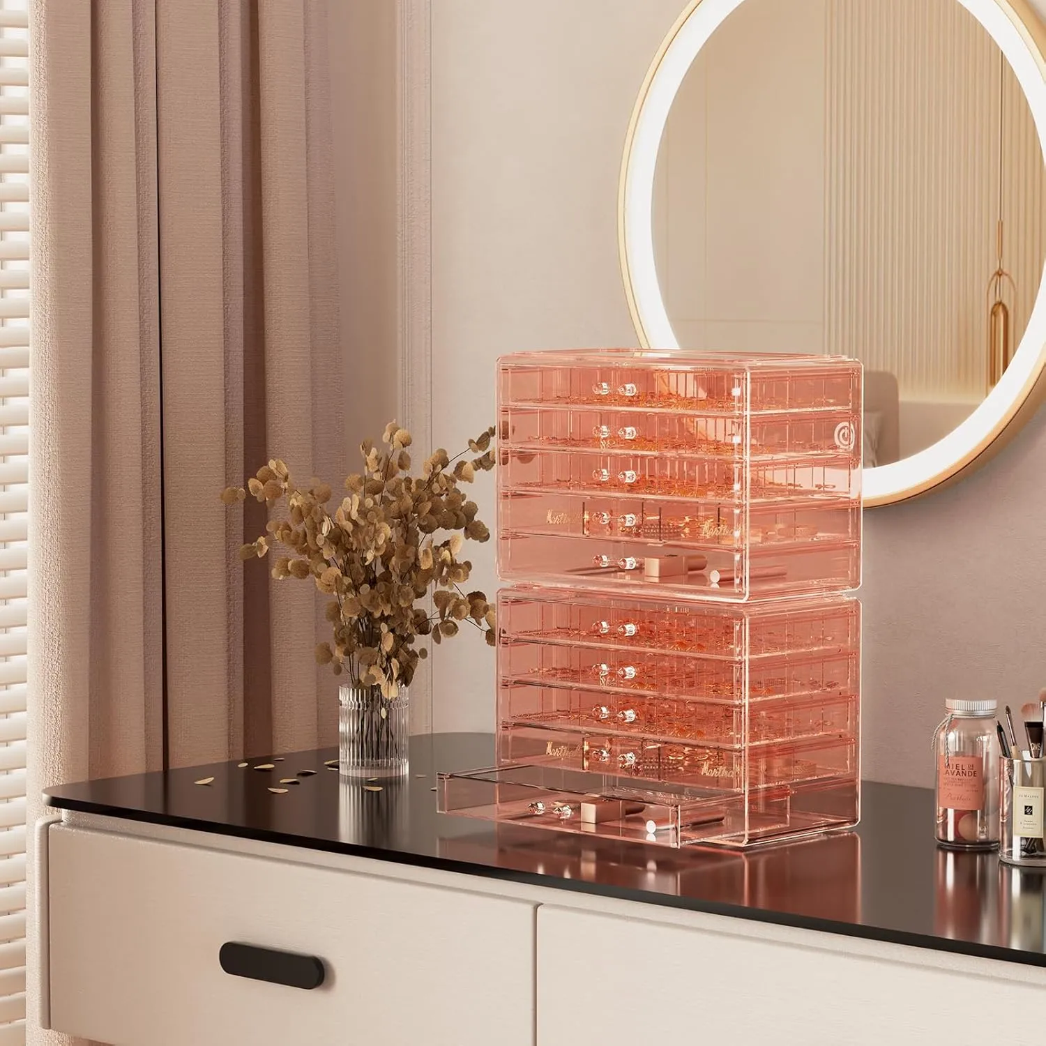 ProCase Acrylic Earrings Holder Organizer Box, Large Clear Earring Jewelry Storage Organizer Box Transparent Stackable Drawers Jewelry Display for Earrings Necklace Bracelets Rings - 10 Layers, Pink