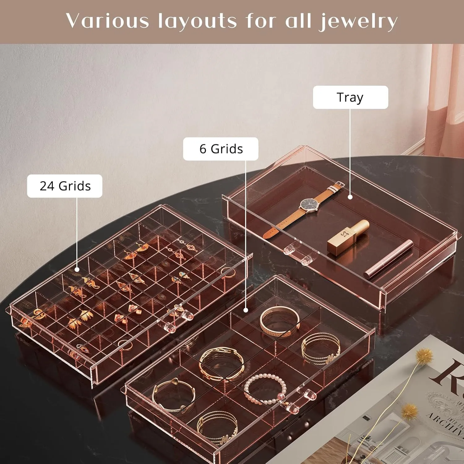 ProCase Acrylic Earrings Holder Organizer Box, Large Clear Earring Jewelry Storage Organizer Box Transparent Stackable Drawers Jewelry Display for Earrings Necklace Bracelets Rings - 10 Layers, Pink