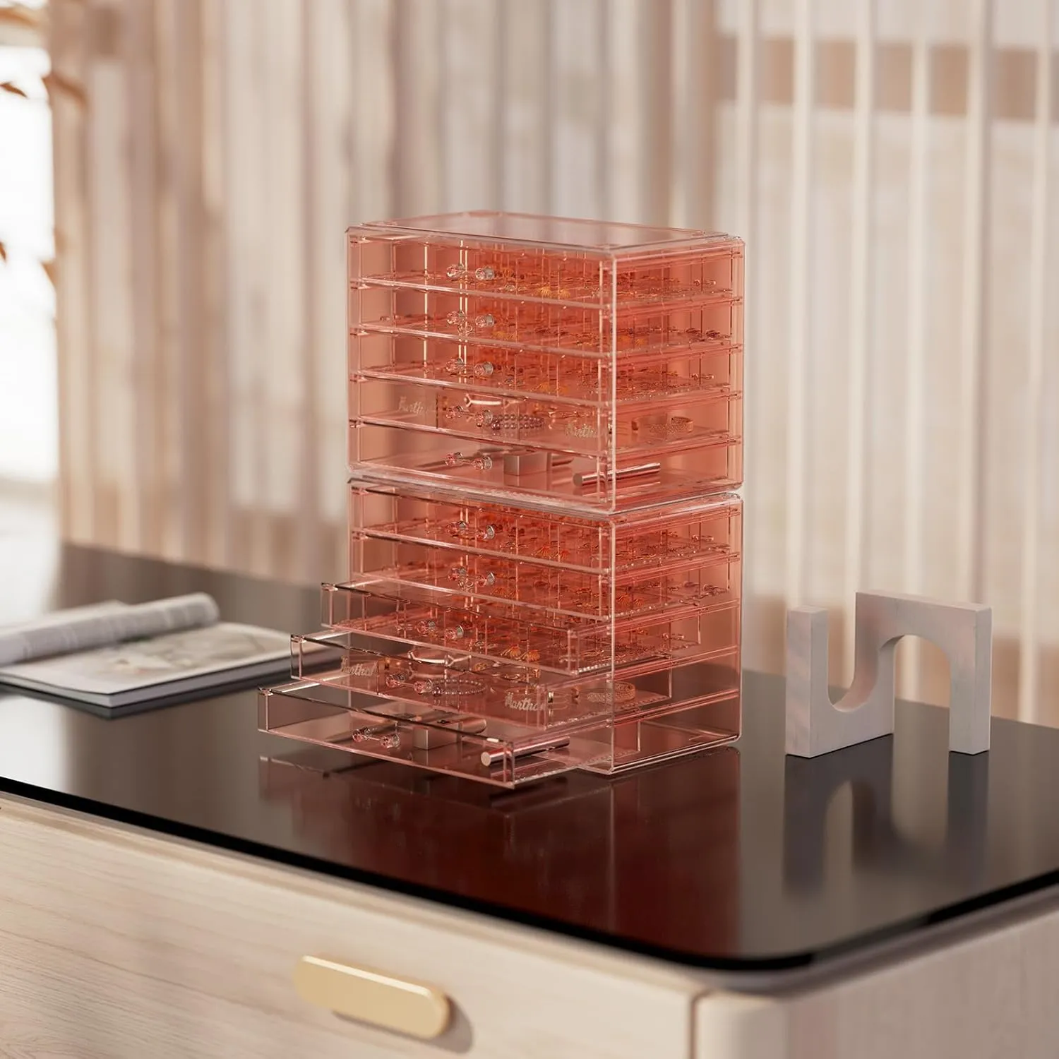 ProCase Acrylic Earrings Holder Organizer Box, Large Clear Earring Jewelry Storage Organizer Box Transparent Stackable Drawers Jewelry Display for Earrings Necklace Bracelets Rings - 10 Layers, Pink