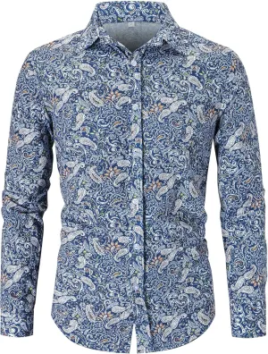 QZH.DUAO Mens 70s Disco Linen Shirts Casual Paisley Tops Floral Vintage Long Sleeve Shirt
