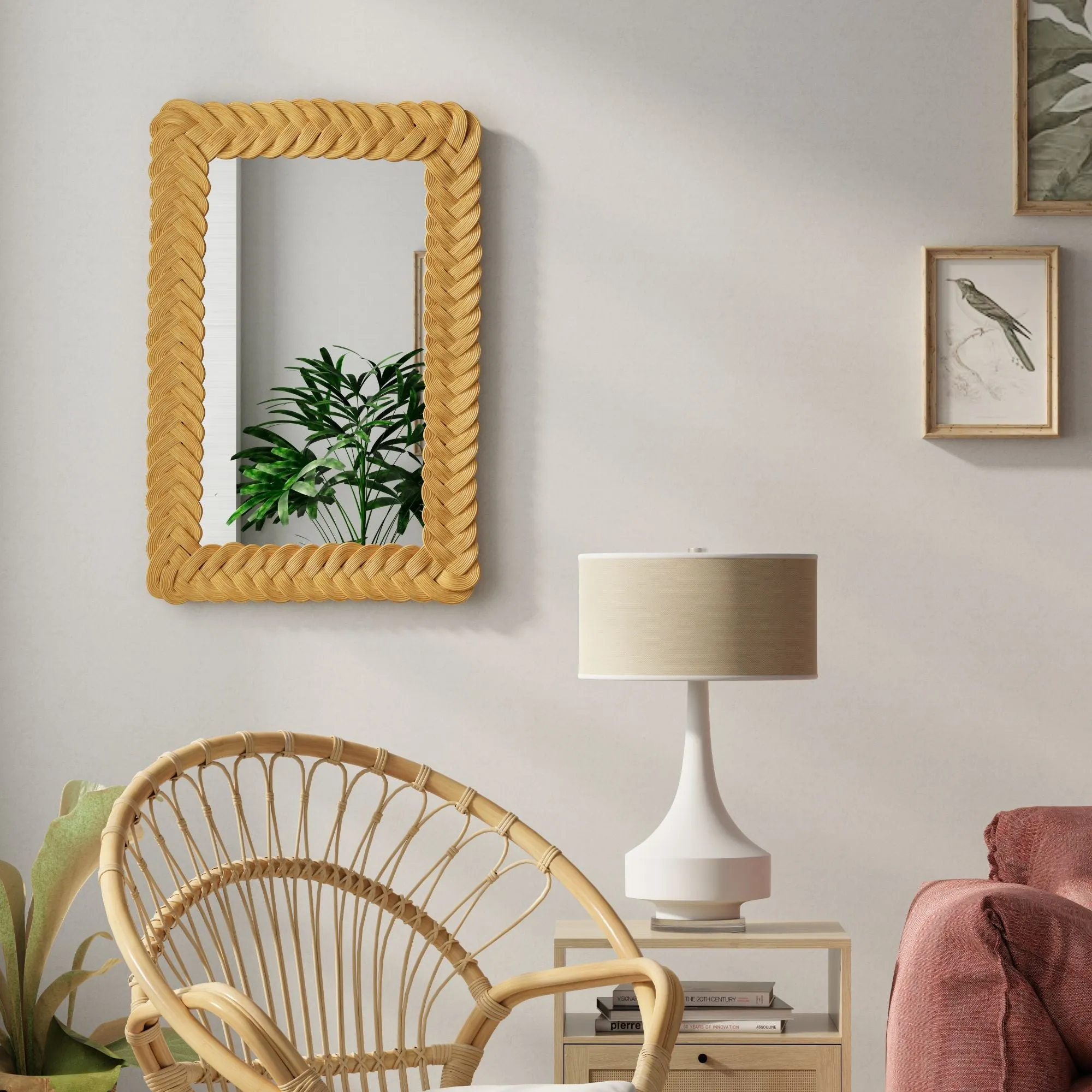 Rectangular Braided Wicker Decorative Wall Mirror, 24 x 36 Inch, Natural