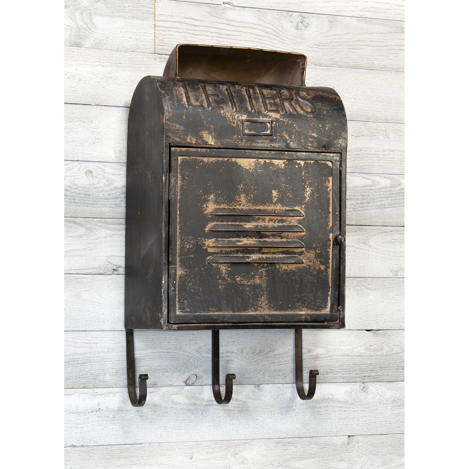 Red Co. 11” x 20” French Vintage Embossed Metal Wall Mount Mailbox with 3 Hooks, Distressed Black