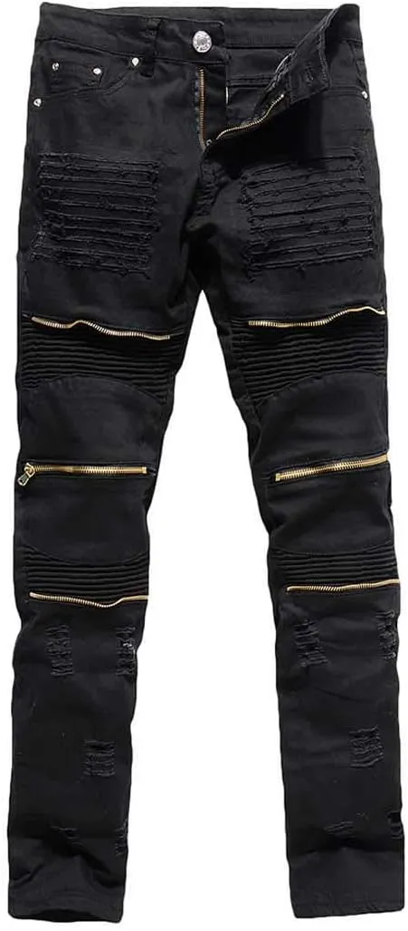 Rexcyril Men's Moto Biker Jeans Distressed Ripped Skinny Slim Fit Denim Pants with Zippers