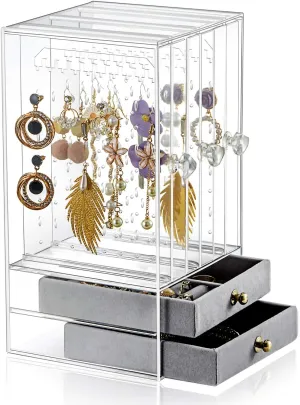 Sooyee Acrylic Earring Holder and Jewelry Organizer with 5 Drawers,Dustproof Jewelry Stand Rack Display Classic for Necklaces Bracelet Earrings and Ring,Clear