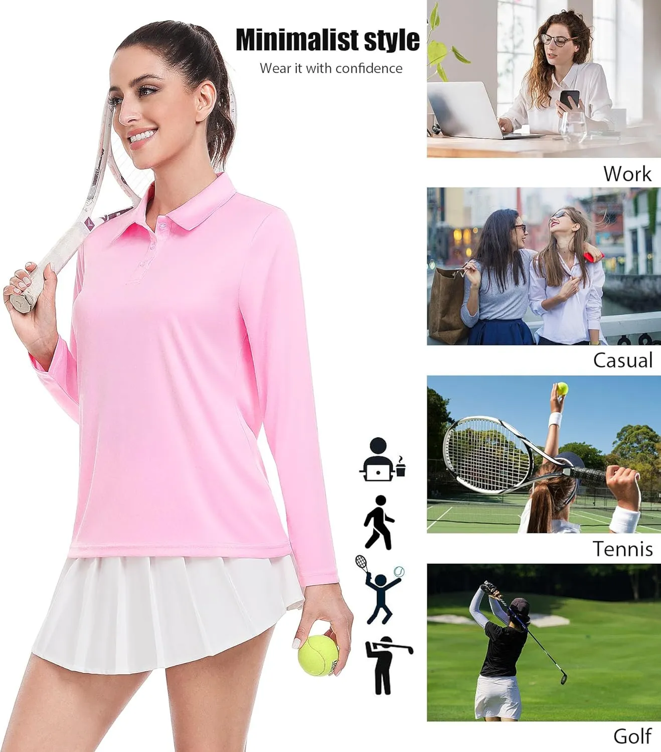 Star Vibe Long Sleeve Polo Shirts for Women Moisture Wicking Golf Shirt Quick Dry UPF 50  Sun Tennis Athletic Tops 3 Pack