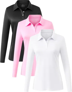 Star Vibe Long Sleeve Polo Shirts for Women Moisture Wicking Golf Shirt Quick Dry UPF 50  Sun Tennis Athletic Tops 3 Pack