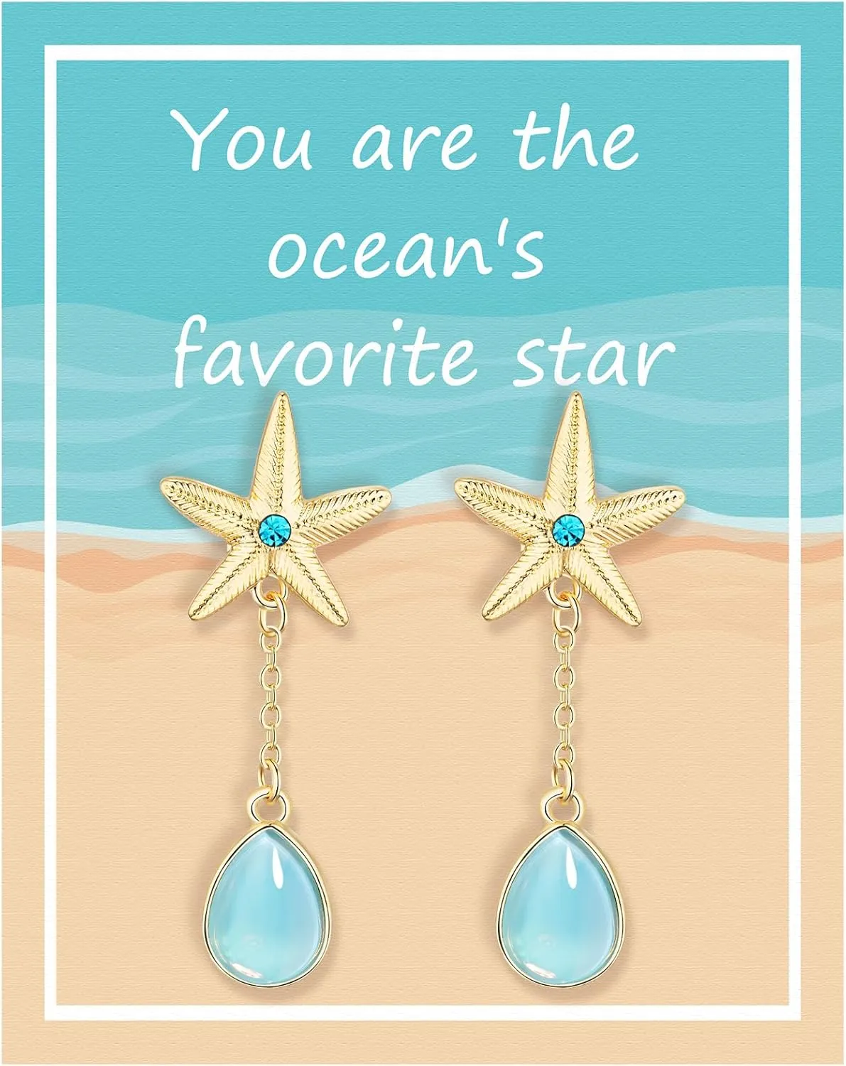 Starfish Dangle Earrings Gold with Blue Rhinestone Aqua Teardrop Chain for Women, Tropical Beach Vacation Jewelry Summer Gifts, E08B