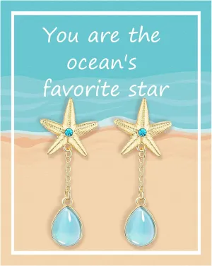 Starfish Dangle Earrings Gold with Blue Rhinestone Aqua Teardrop Chain for Women, Tropical Beach Vacation Jewelry Summer Gifts, E08B