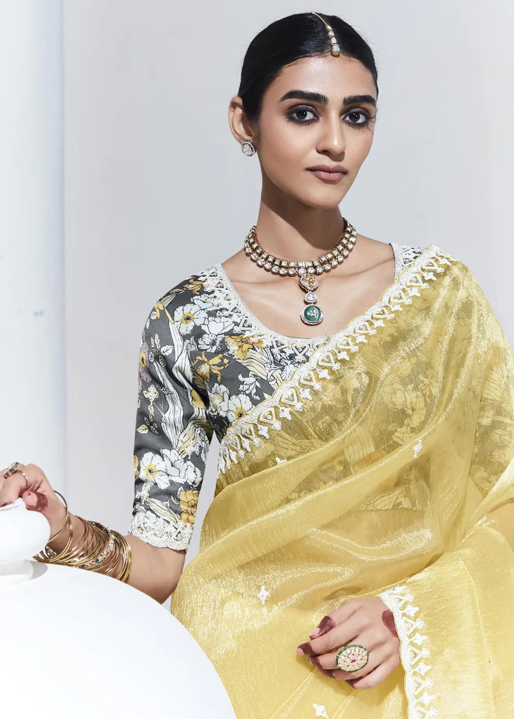 Stunning Yellow Organza Embroidered Party Wear Saree