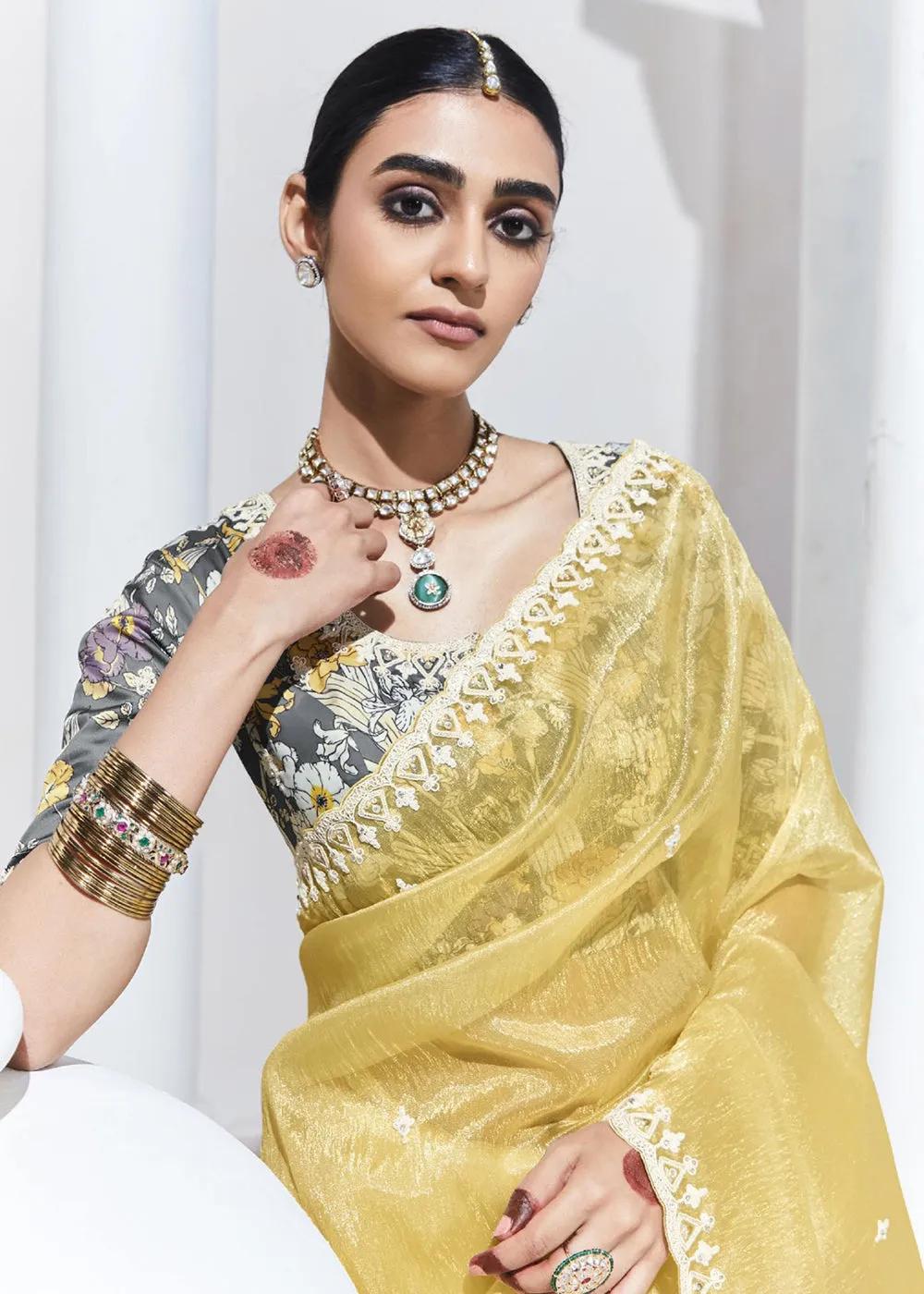 Stunning Yellow Organza Embroidered Party Wear Saree