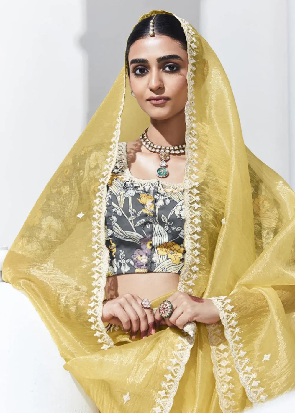 Stunning Yellow Organza Embroidered Party Wear Saree
