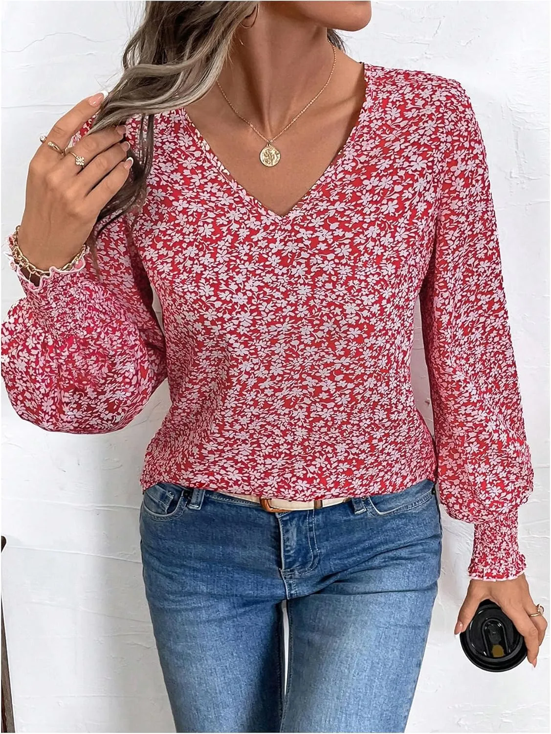 SweatyRocks Women's Leopard Print V Neck Long Lantern Sleeve Shirred Blouse Shirt Tops