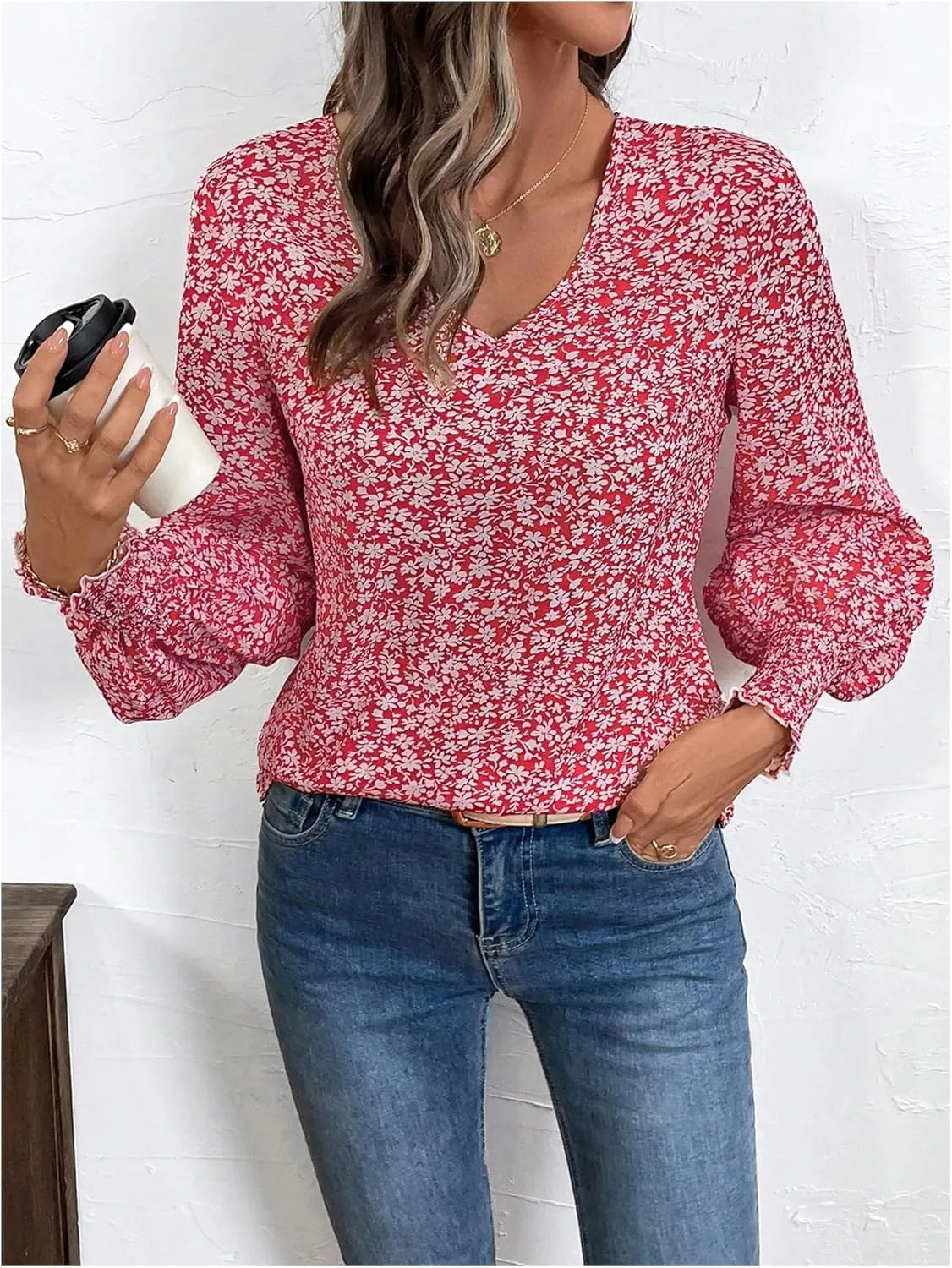 SweatyRocks Women's Leopard Print V Neck Long Lantern Sleeve Shirred Blouse Shirt Tops