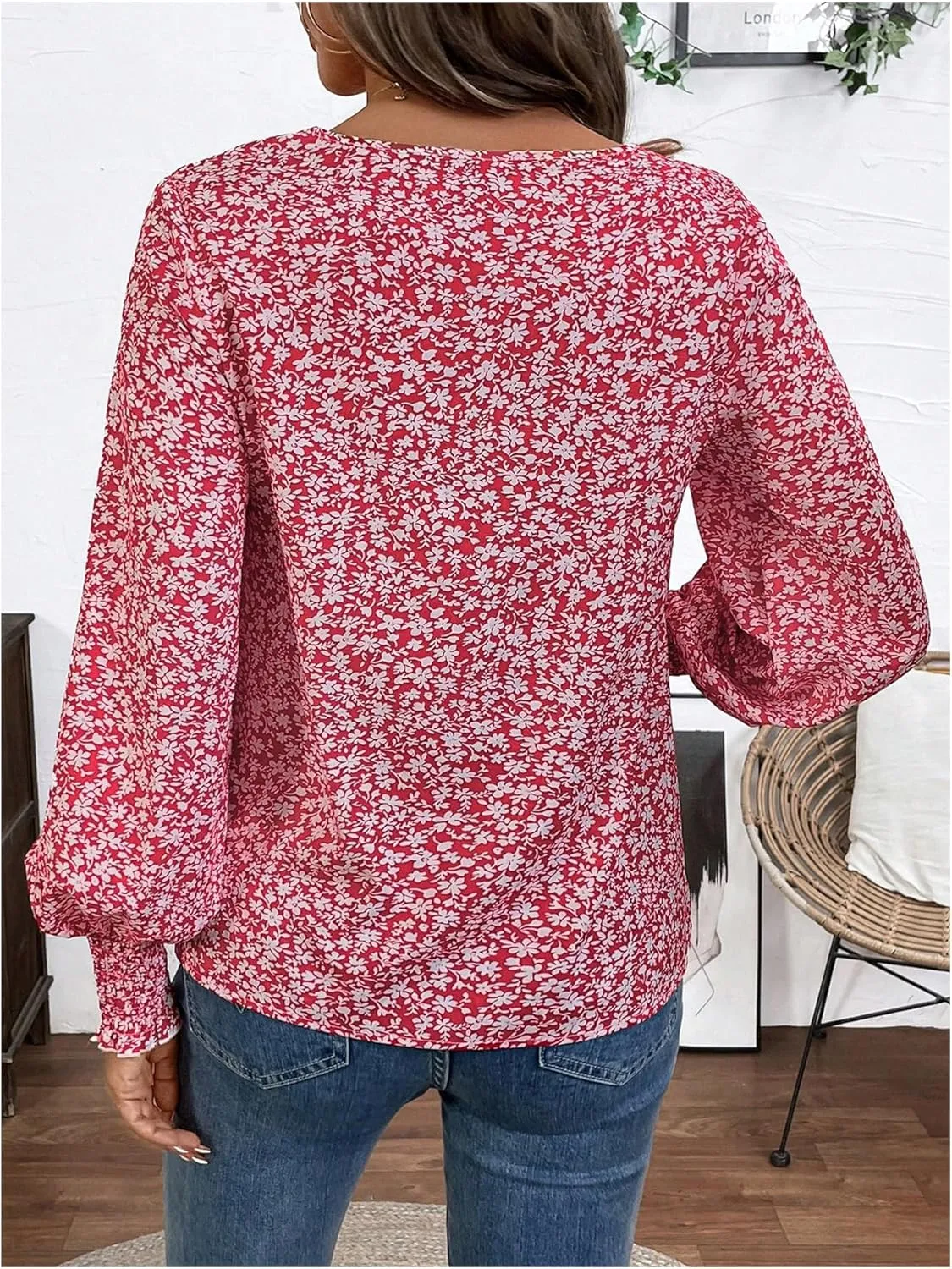 SweatyRocks Women's Leopard Print V Neck Long Lantern Sleeve Shirred Blouse Shirt Tops