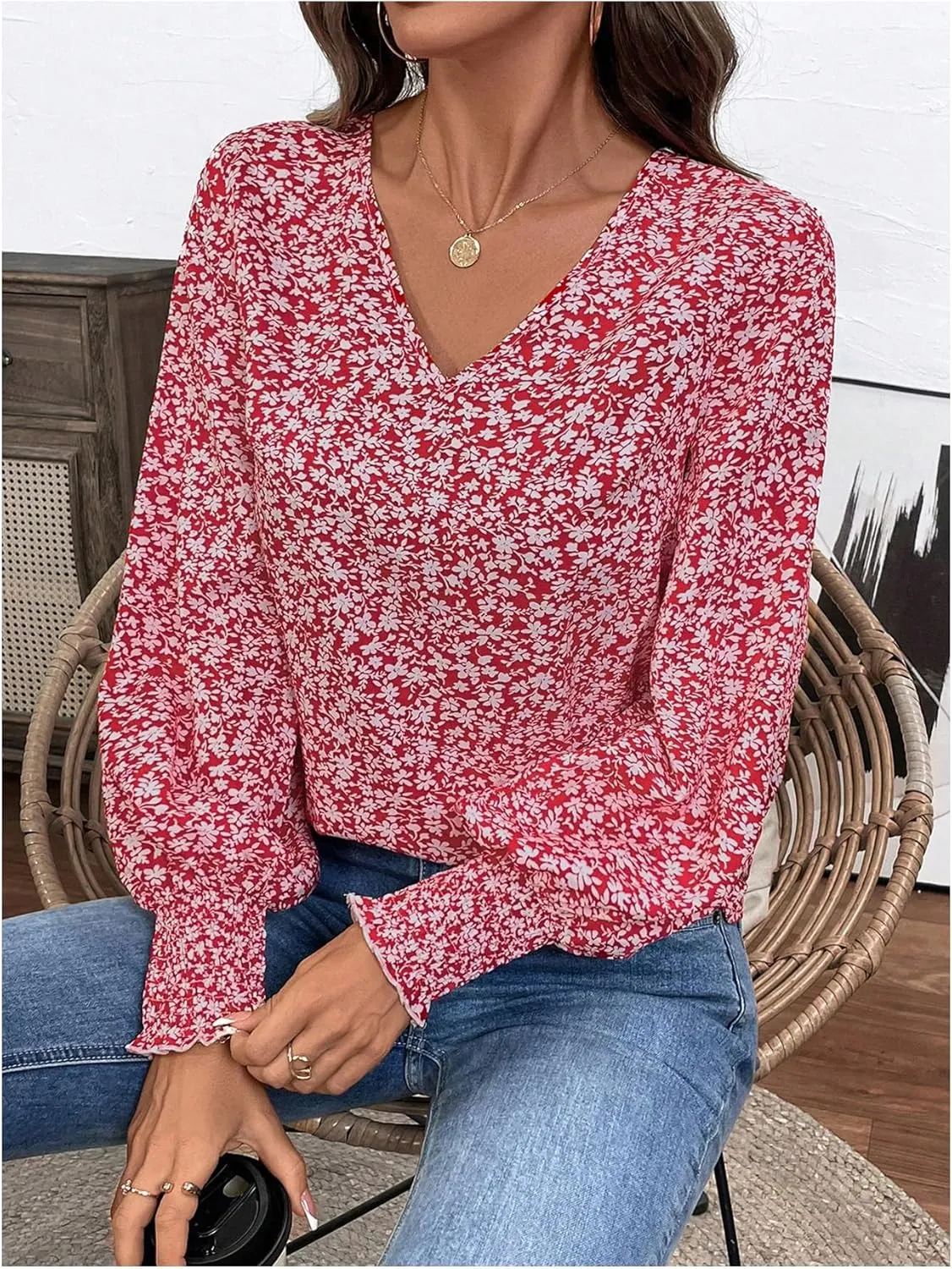 SweatyRocks Women's Leopard Print V Neck Long Lantern Sleeve Shirred Blouse Shirt Tops