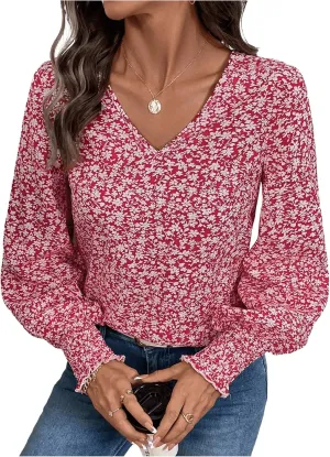 SweatyRocks Women's Leopard Print V Neck Long Lantern Sleeve Shirred Blouse Shirt Tops