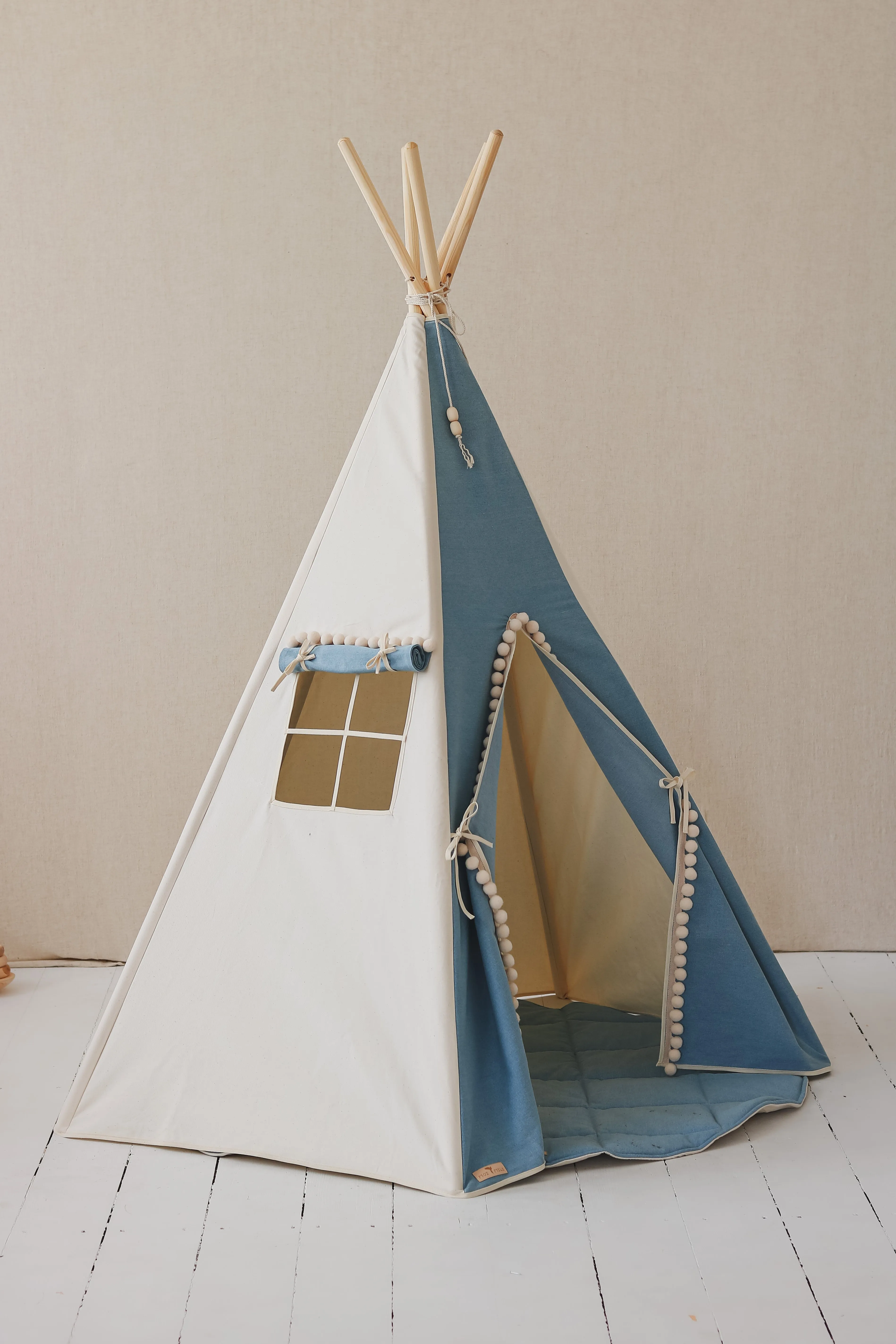 Tipi „Jeans“ mit Pompons und Matten-Set – blau