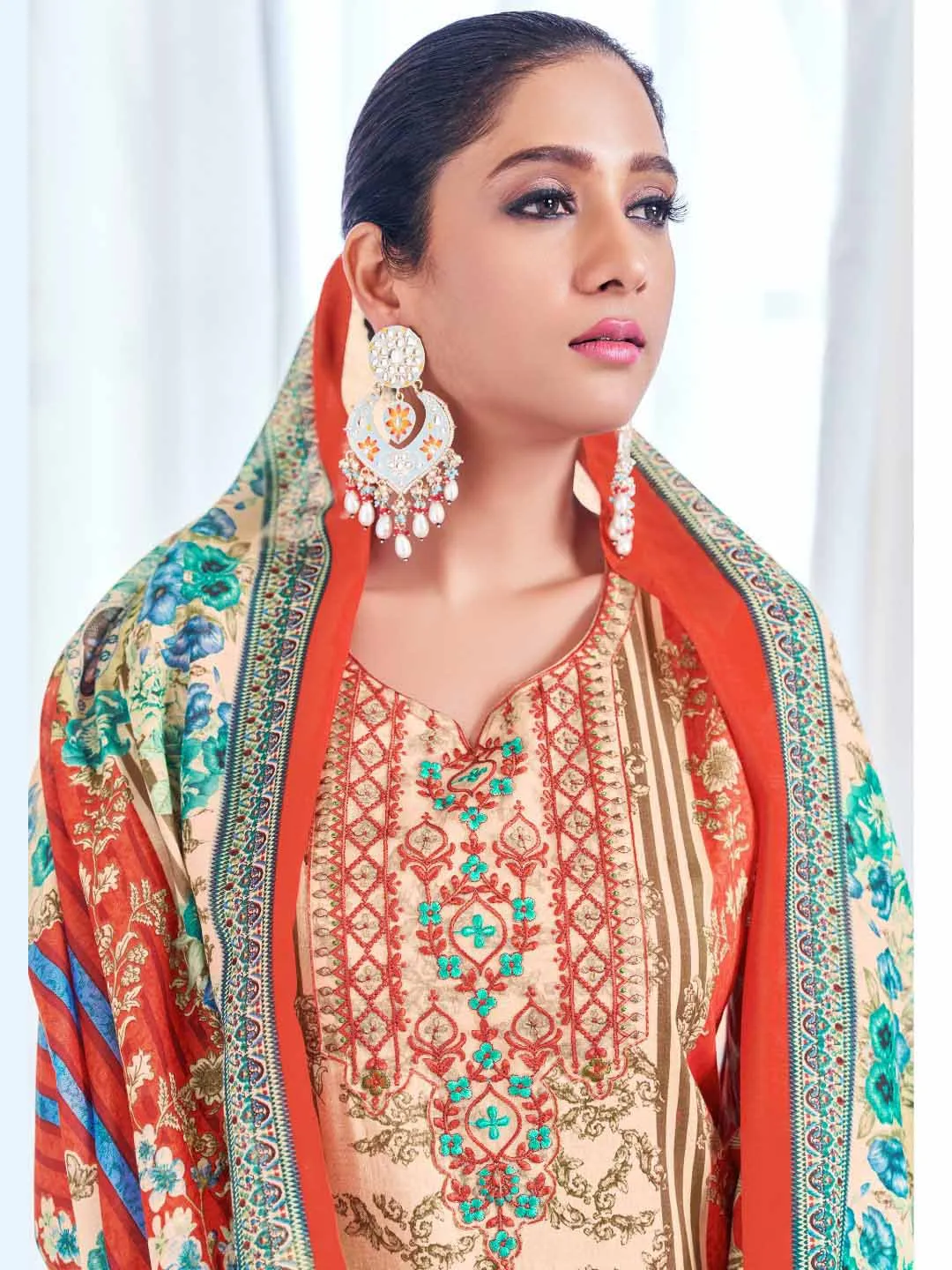 Unstitched Pakistani Print Cotton Suit Fabric with Embroidery Rust
