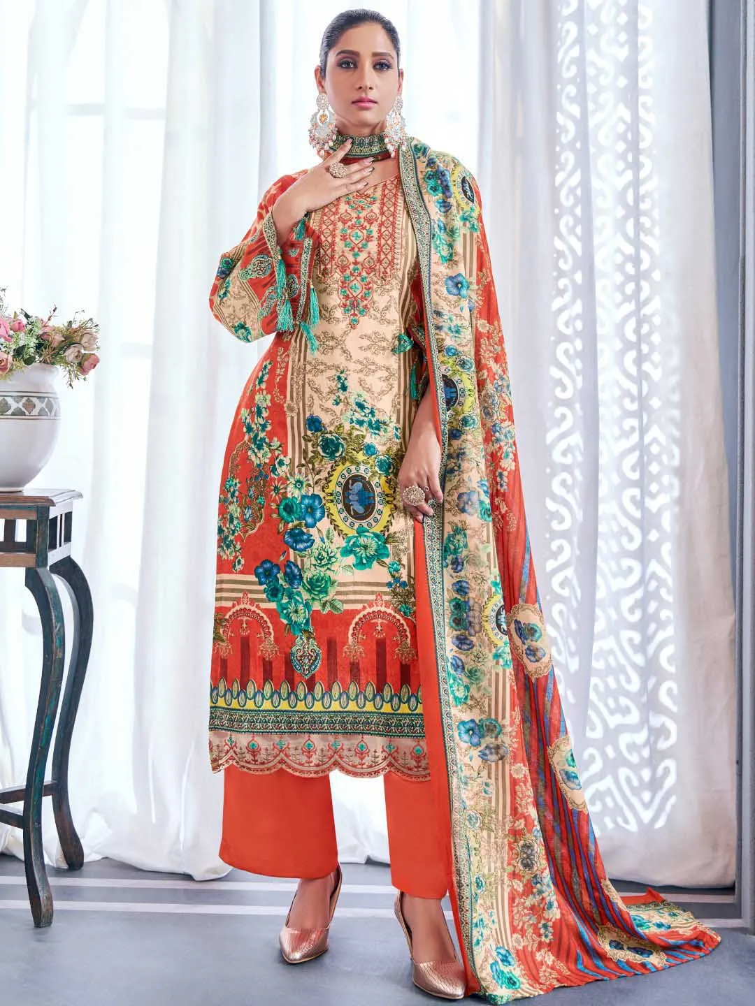 Unstitched Pakistani Print Cotton Suit Fabric with Embroidery Rust