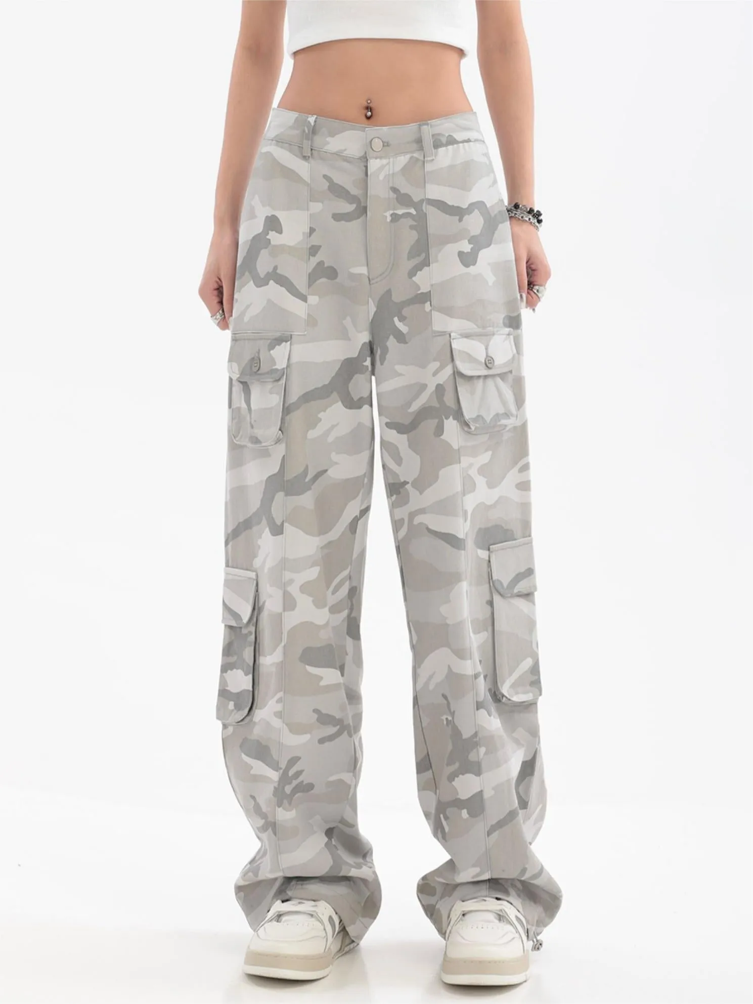 Wenkouban Gray vintage camo baggy cargo jeans
