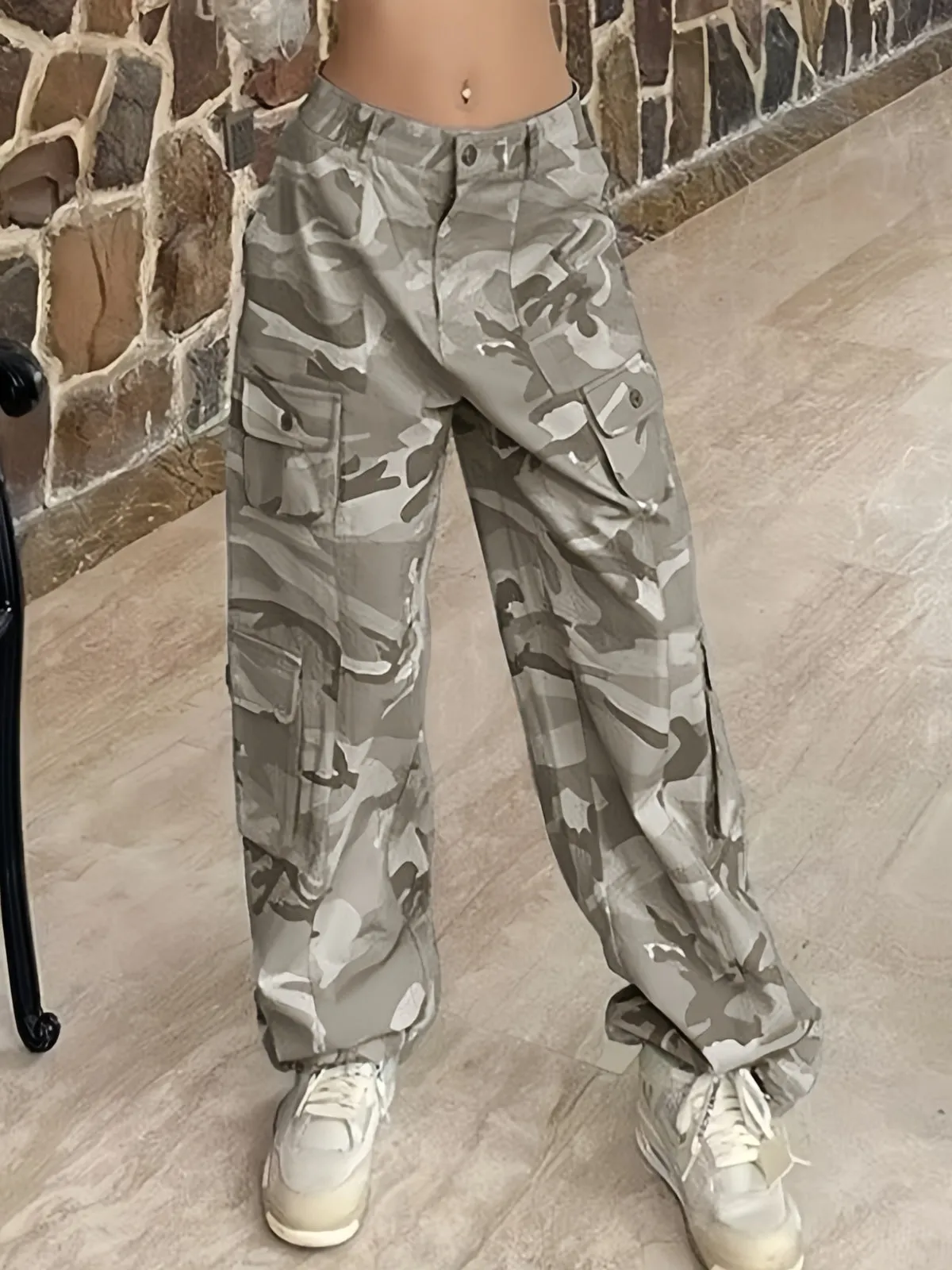 Wenkouban Gray vintage camo baggy cargo jeans