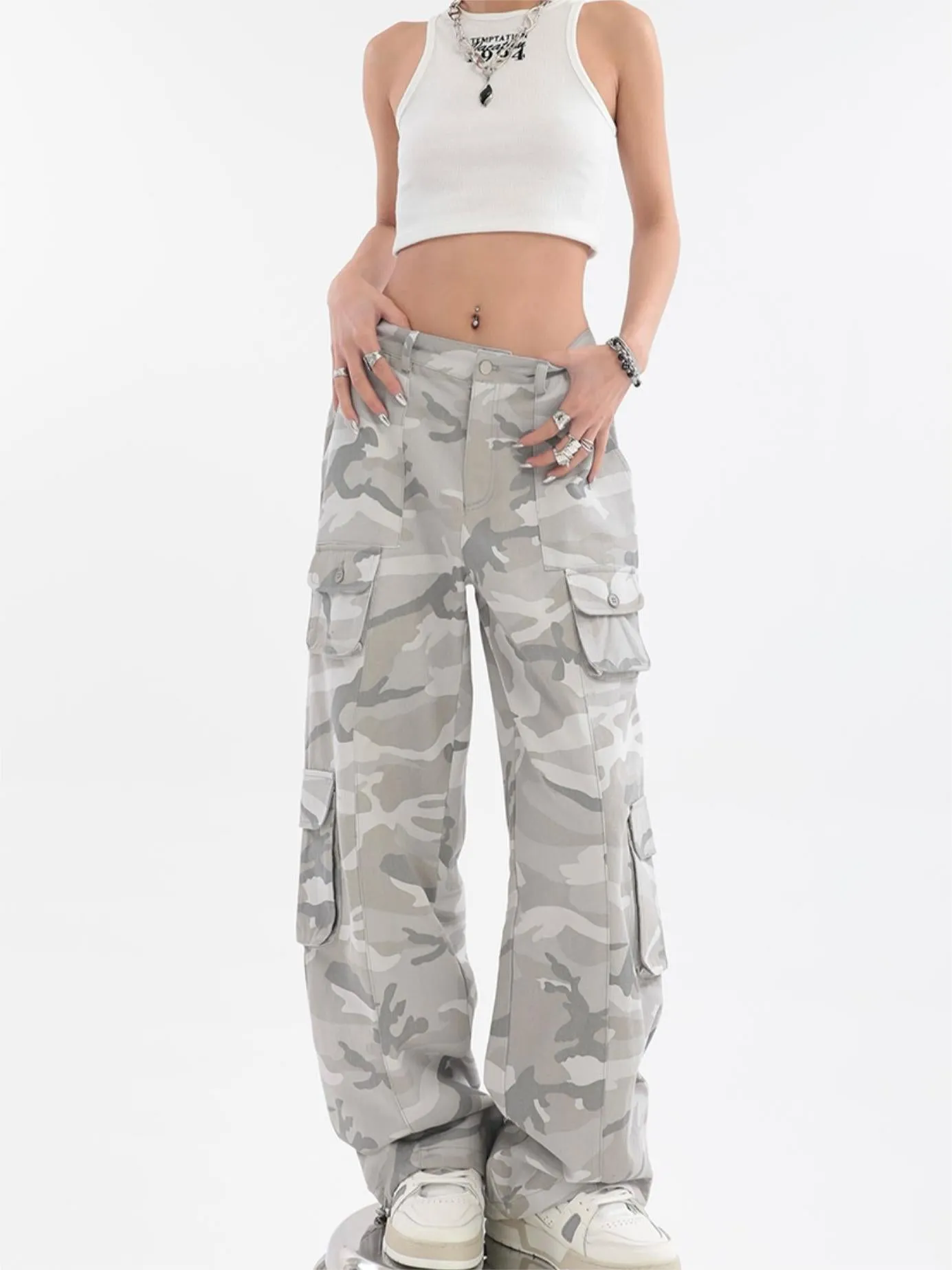 Wenkouban Gray vintage camo baggy cargo jeans