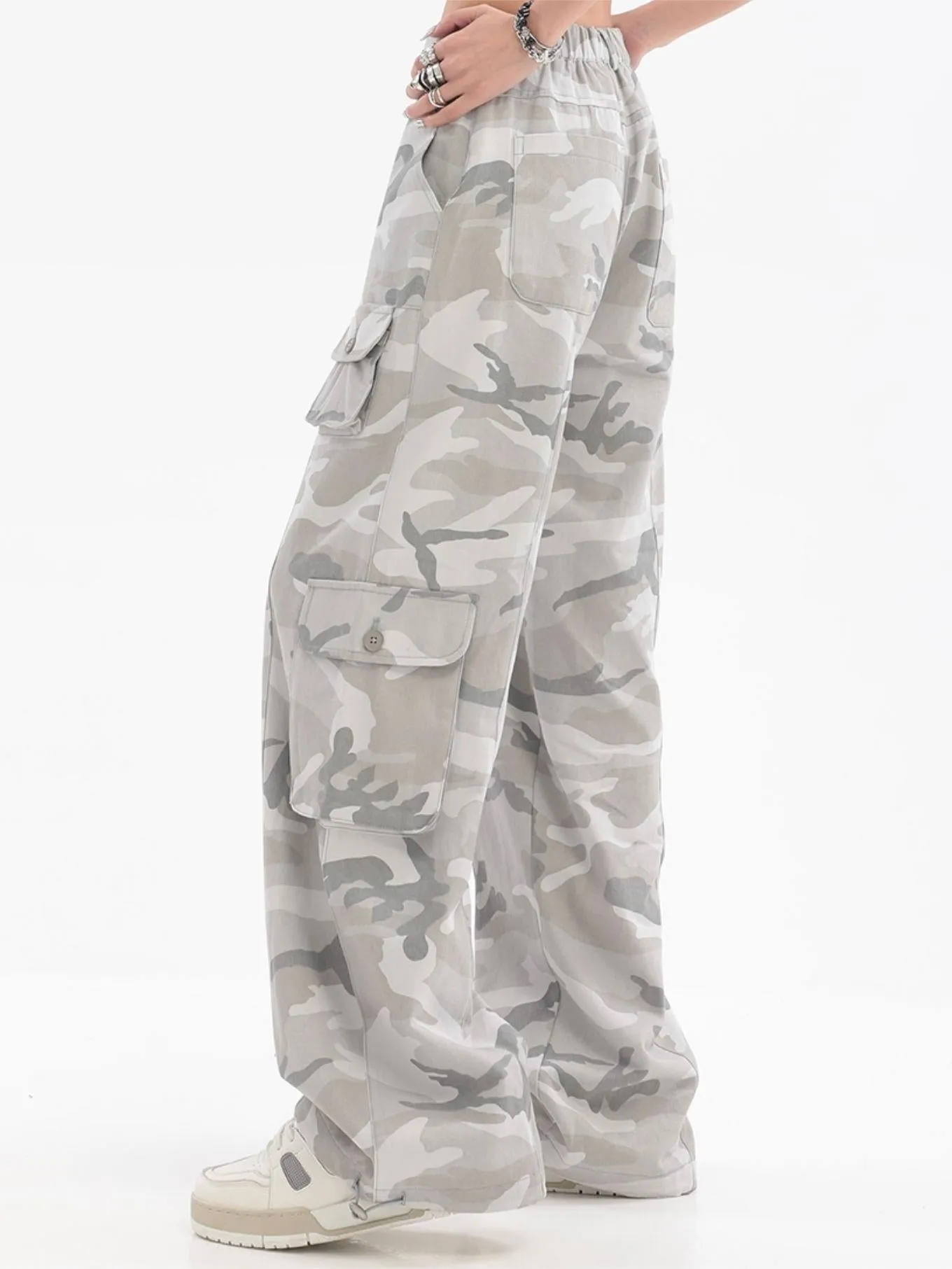 Wenkouban Gray vintage camo baggy cargo jeans