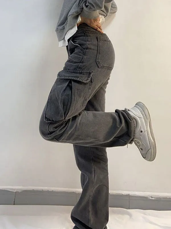 Wenkouban Mid-rise faded gray cargo jeans