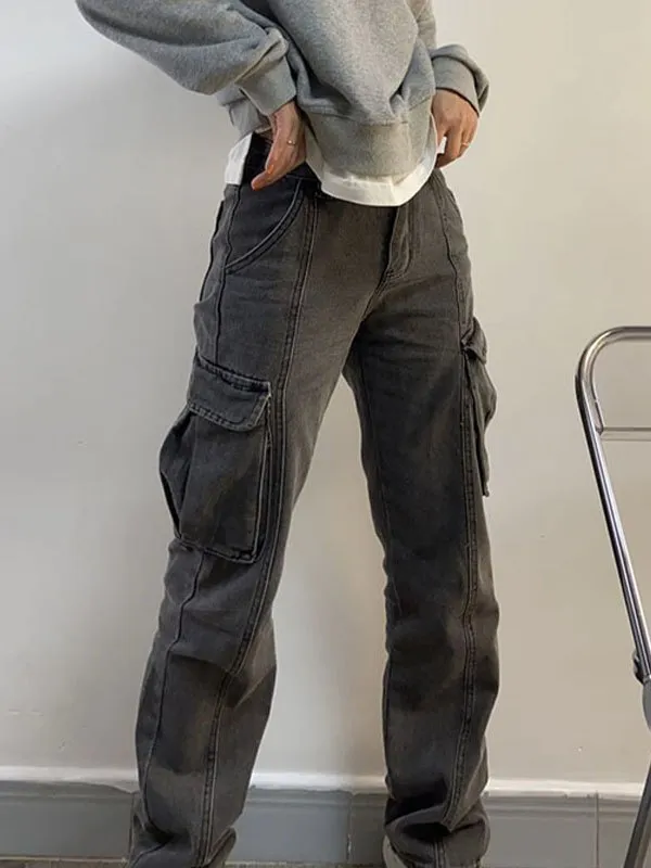 Wenkouban Mid-rise faded gray cargo jeans